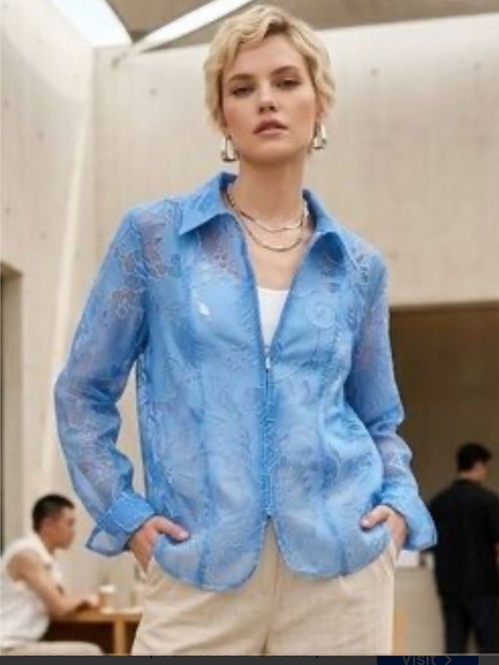 Susan Graver Light Blue Sheer Lace Zip Up Blouse